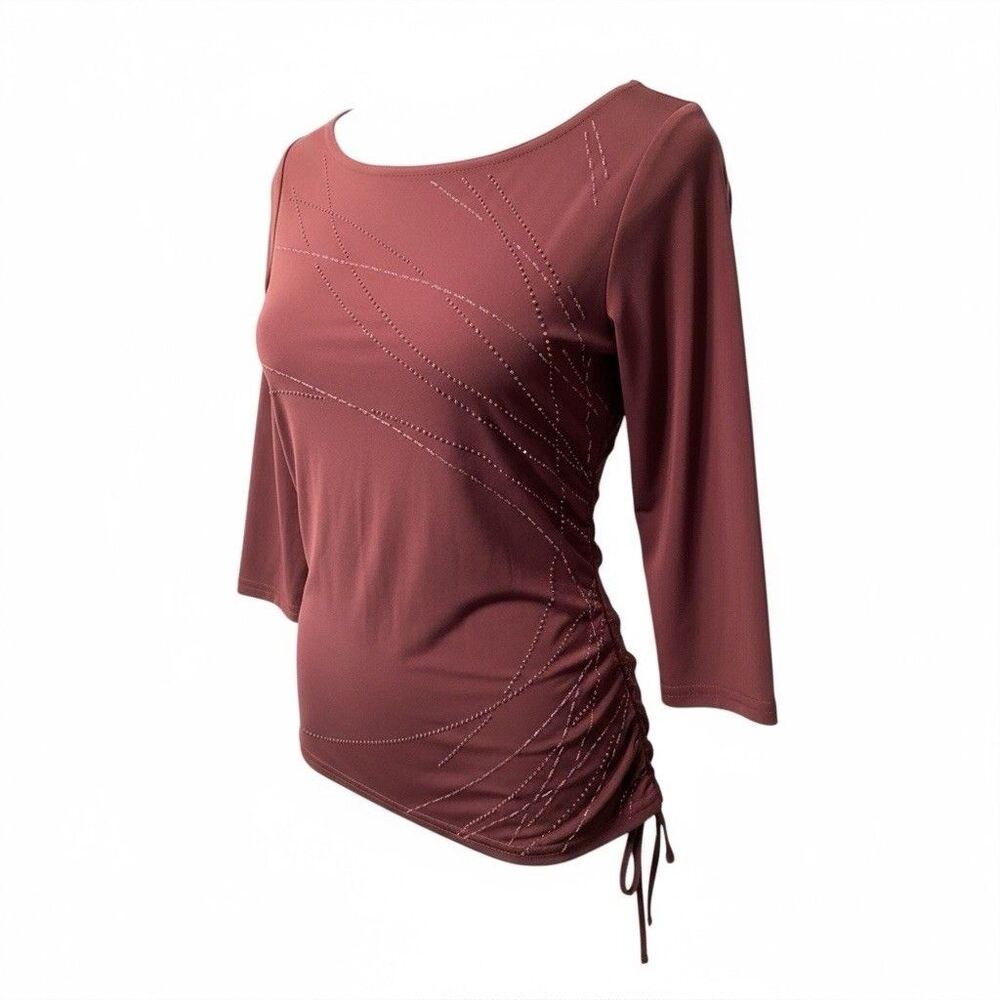 Vintage Y2K IZ Beyer Ruched sparkly three-quarter sleeve burgundy top size L